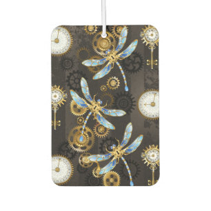 Steampunk Dragonflies on brown striped background Car Air Freshener