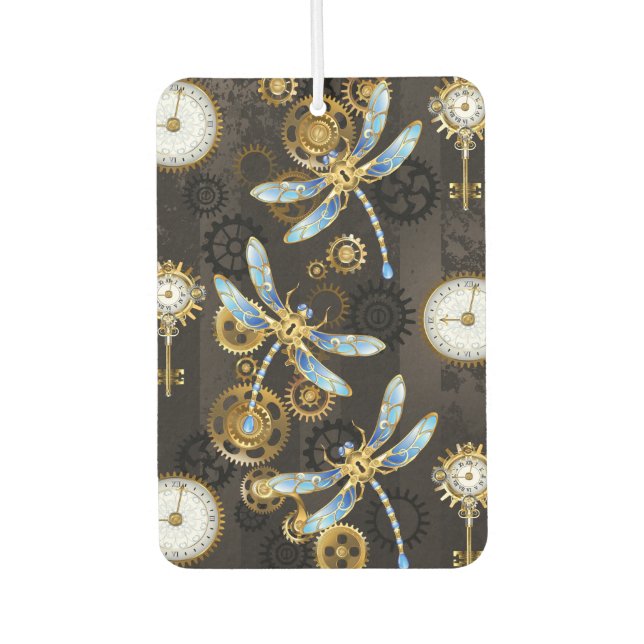 Steampunk Dragonflies on brown striped background Car Air Freshener (Front)