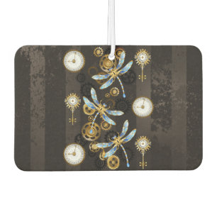 Steampunk Dragonflies on brown striped background Car Air Freshener