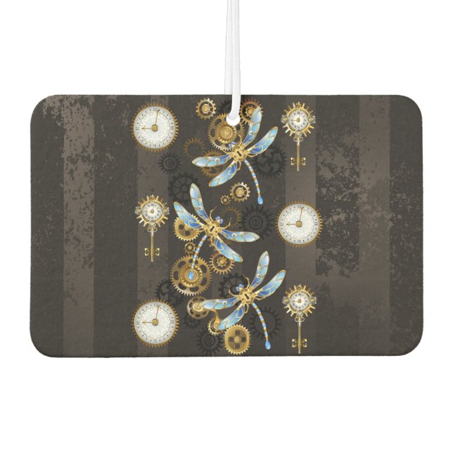 Steampunk Dragonflies on brown striped background Car Air Freshener (Front)