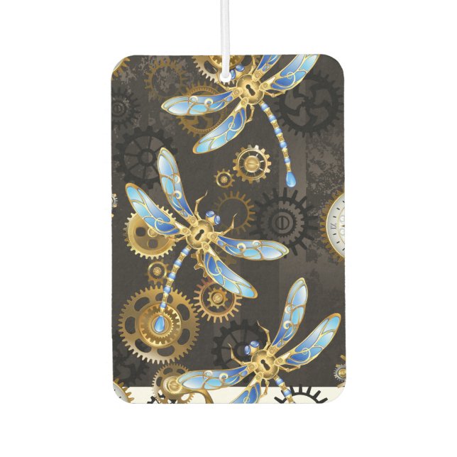 Steampunk Dragonflies on brown striped background Car Air Freshener (Front)