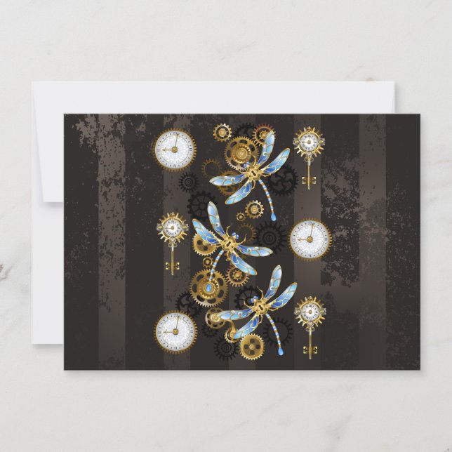 Steampunk Dragonflies on brown striped background Card (Front)