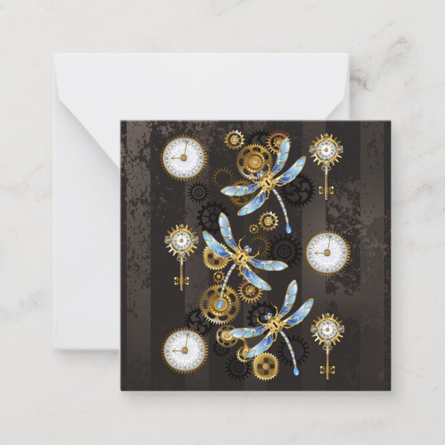 Steampunk Dragonflies on brown striped background Card (Front)