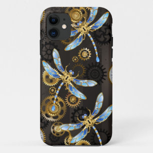 Steampunk Dragonflies on brown striped background iPhone 11 Case
