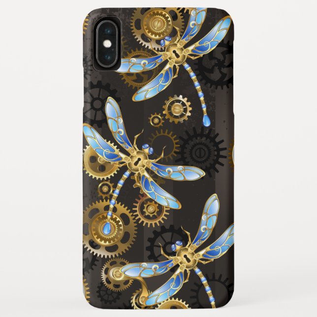 Steampunk Dragonflies on brown striped background Case-Mate iPhone Case (Back)