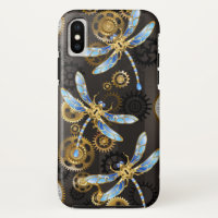 Steampunk Dragonflies on brown striped background