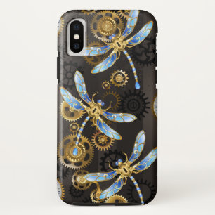Steampunk Dragonflies on brown striped background iPhone X Case