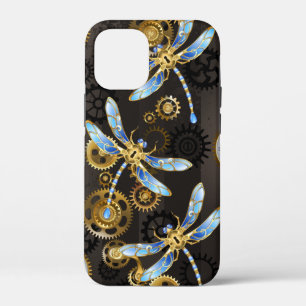 Steampunk Dragonflies on brown striped background iPhone 12 Mini Case