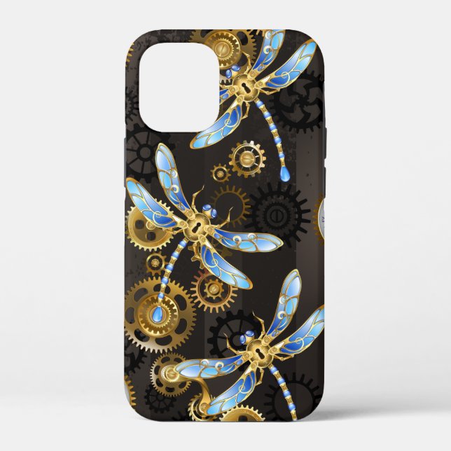 Steampunk Dragonflies on brown striped background Case-Mate iPhone Case (Back)