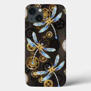Steampunk Dragonflies on brown striped background iPhone 13 Case