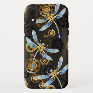 Steampunk Dragonflies on brown striped background iPhone XR Case
