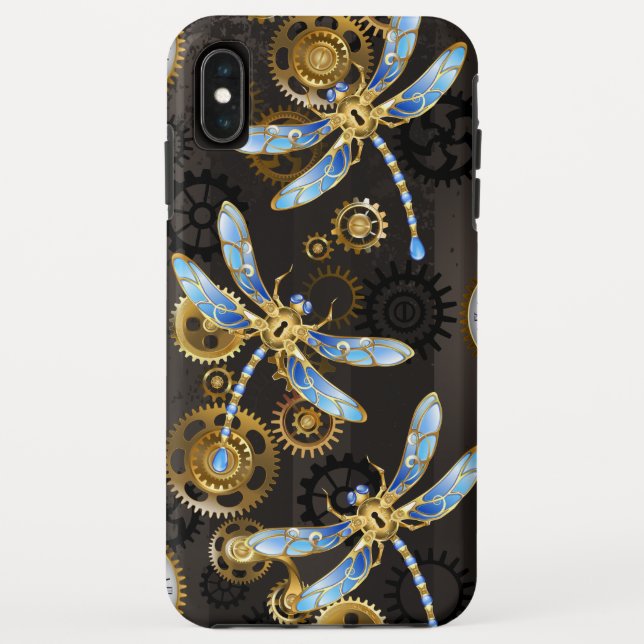 Steampunk Dragonflies on brown striped background Case-Mate iPhone Case (Back)