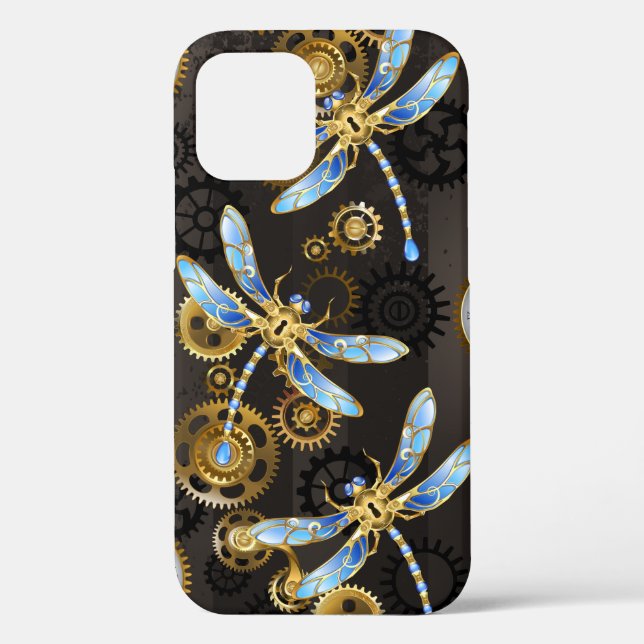 Steampunk Dragonflies on brown striped background Case-Mate iPhone Case (Back)
