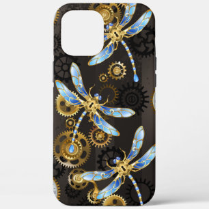 Steampunk Dragonflies on brown striped background iPhone 12 Pro Max Case