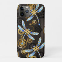 Steampunk Dragonflies on brown striped background