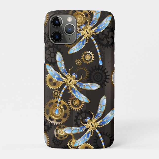 Steampunk Dragonflies on brown striped background Case-Mate iPhone Case (Back)