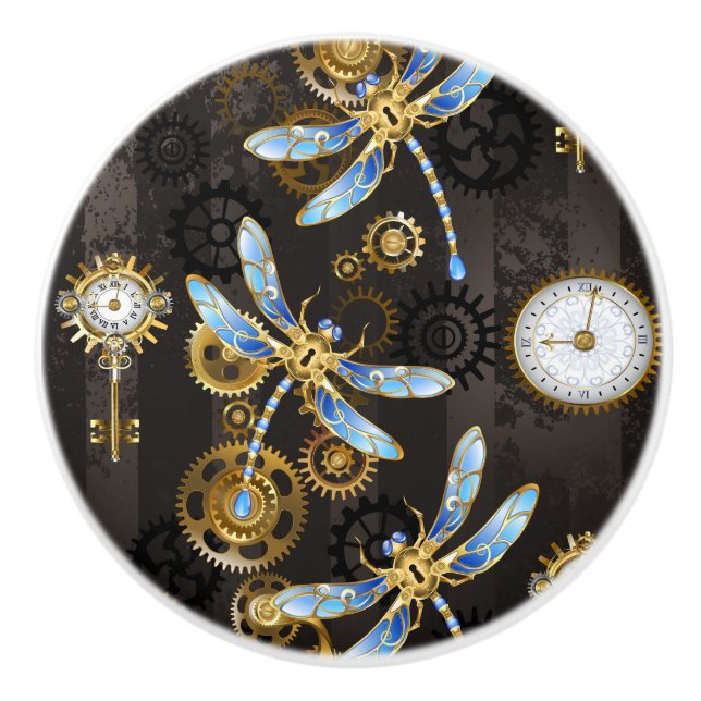 Steampunk Dragonflies on brown striped background Ceramic Knob (Front)