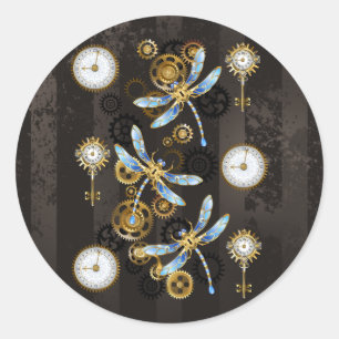 Steampunk Dragonflies on brown striped background Classic Round Sticker