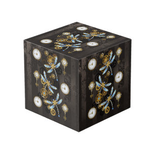 Steampunk Dragonflies on brown striped background Cube