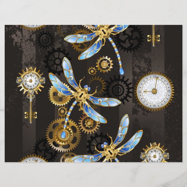 Steampunk Dragonflies on brown striped background Custom Letterhead (Front)