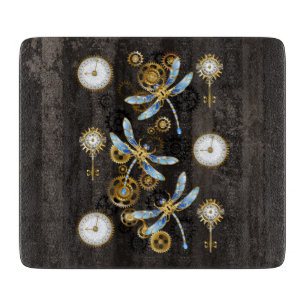 Steampunk Dragonflies on brown striped background Cutting Board
