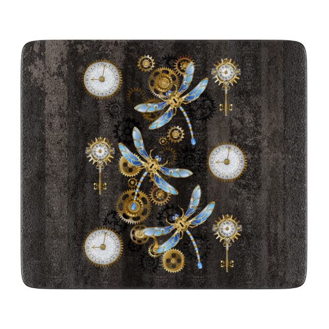 Steampunk Dragonflies on brown striped background Cutting Board (Front)