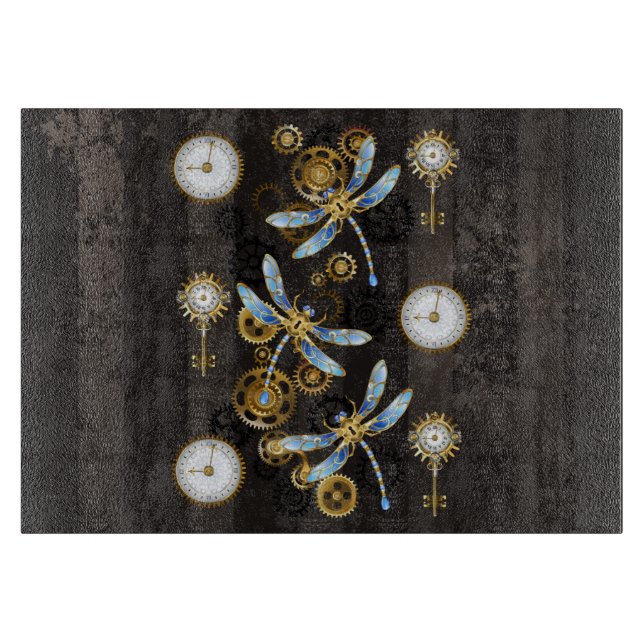 Steampunk Dragonflies on brown striped background Cutting Board (Front)