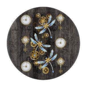 Steampunk Dragonflies on brown striped background Cutting Board