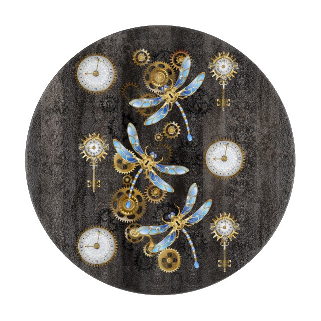 Steampunk Dragonflies on brown striped background Cutting Board (Front)