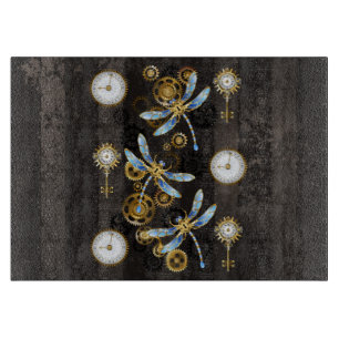 Steampunk Dragonflies on brown striped background Cutting Board