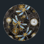 Steampunk Dragonflies on brown striped background Dartboard<br><div class="desc">Antique dials and keys with gold and brass gears, decorated with mechanical, steampunk dragonflies on brown, striped background.</div>