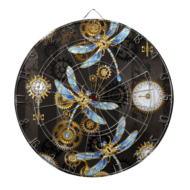 Steampunk Dragonflies on brown striped background Dartboard (Front)