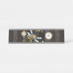 Steampunk Dragonflies on brown striped background Desk Name Plate