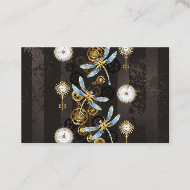 Steampunk Dragonflies on brown striped background Discount Card (Front)