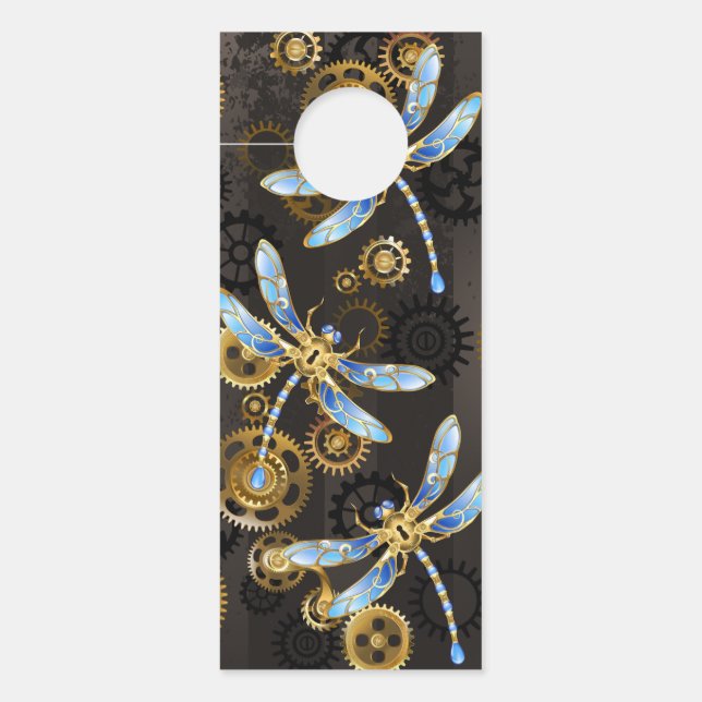 Steampunk Dragonflies on brown striped background Door Hanger (Front)