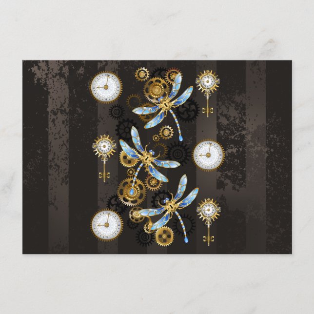 Steampunk Dragonflies on brown striped background Enclosure Card (Front)