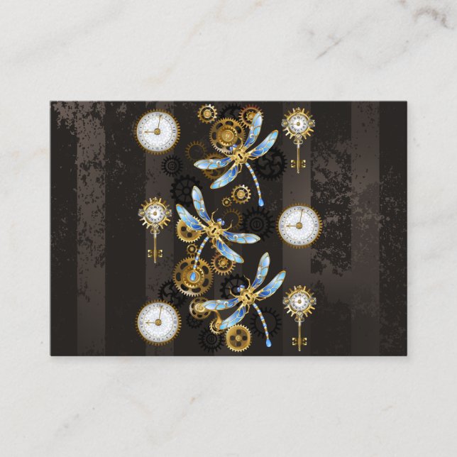 Steampunk Dragonflies on brown striped background Enclosure Card (Front)