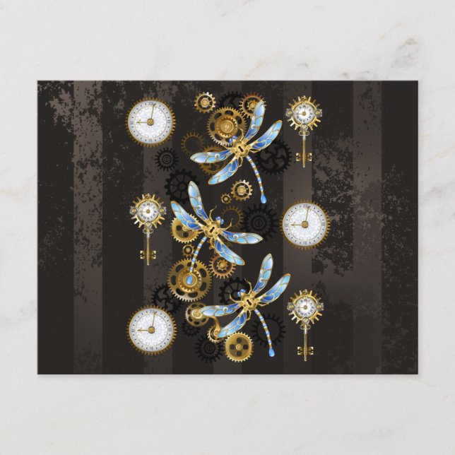 Steampunk Dragonflies on brown striped background Enclosure Card (Front)