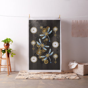 Steampunk Dragonflies on brown striped background Fabric
