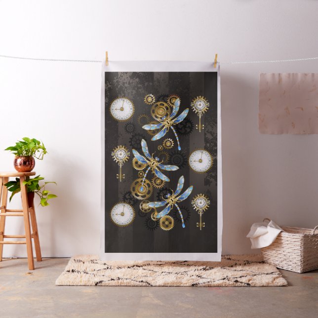Steampunk Dragonflies on brown striped background Fabric (In Situ)