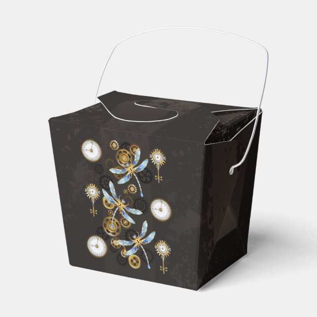 Steampunk Dragonflies on brown striped background Favour Box (Front Side)