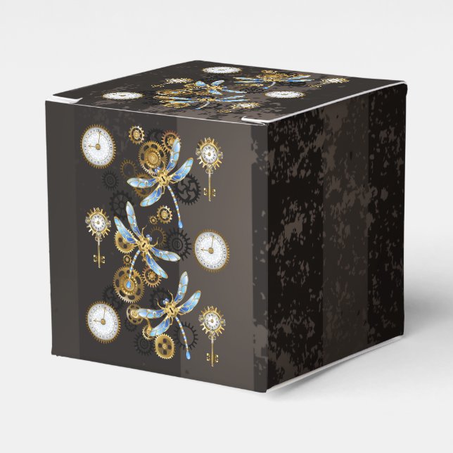 Steampunk Dragonflies on brown striped background Favour Box (Front Side)