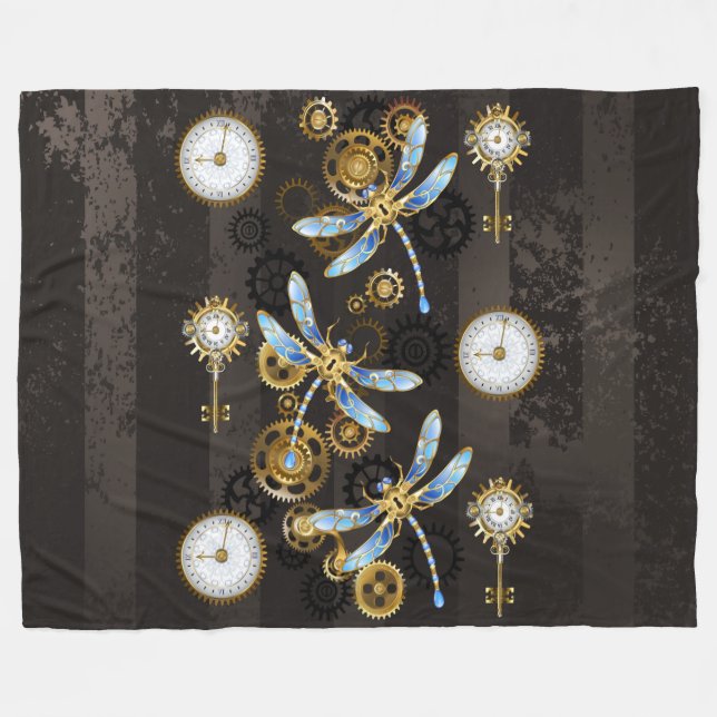 Steampunk Dragonflies on brown striped background Fleece Blanket (Front (Horizontal))