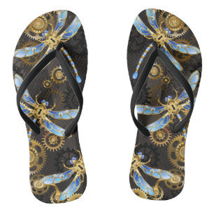 Steampunk Dragonflies on brown striped background Flip Flops