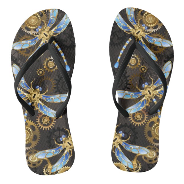 Steampunk Dragonflies on brown striped background Flip Flops (Footbed)