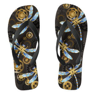 Steampunk Dragonflies on brown striped background Flip Flops