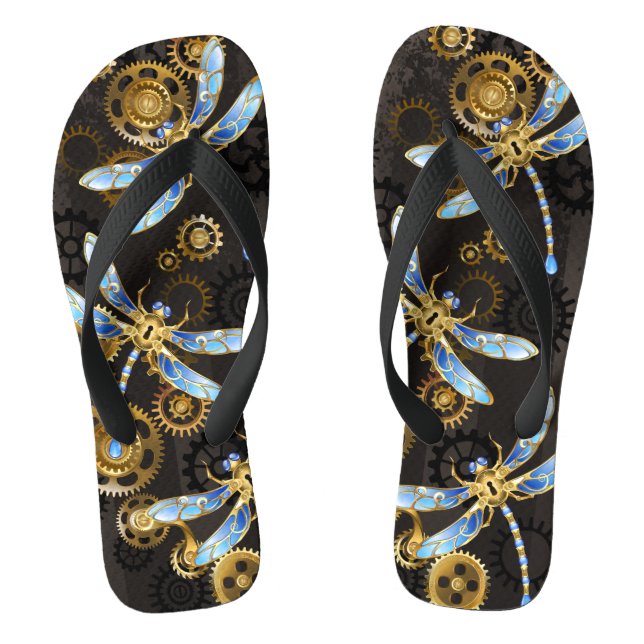 Steampunk Dragonflies on brown striped background Flip Flops (Footbed)
