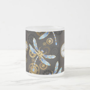 Steampunk Dragonflies on brown striped background Frosted Glass Coffee Mug