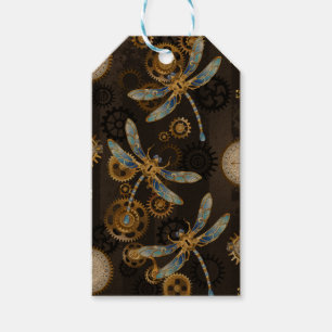 Steampunk Dragonflies on brown striped background Gift Tags