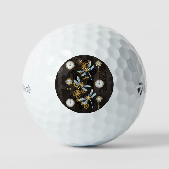 Steampunk Dragonflies on brown striped background Golf Balls (Front)